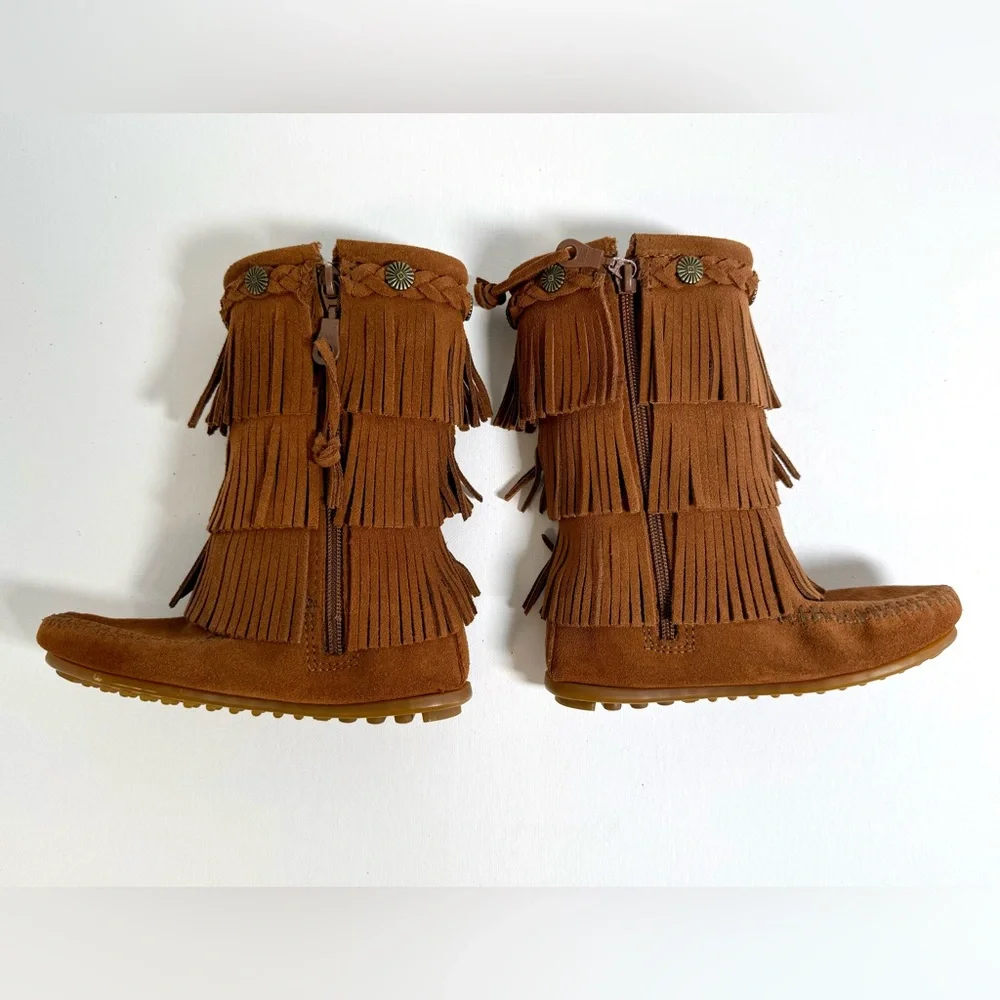 Minnetonka Girls Triple Fringe Suede Side Zip Soled Moccasin Boots Size 11